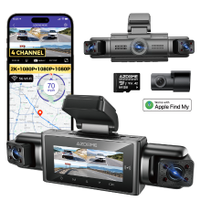 [World first Apple Find My Dashcam] AZDOME M350 4 kanaals 360 volledig zicht Dashcam werkt met Apple Find My Dashcam voor 2,5K, 1080P achtercamera links en rechts voor auto's, IR nachtzicht ingebouwde GPS met Find My spraakbesturing, 5 G wifi, superconden