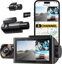 WOLFBOX i07 3 kanaals dashcam met ingebouwde wifi en gps, 4K dashcam voor voorzijde en interieur, 1440P+1080P+1080P driedubbele autocamera met 3 inch lcd scherm, 32 GB kaart inbegrepen, ir nachtzicht