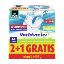 Bison Vochtvreter® magneet 450g 2+1 gratis   Parfumvrije navulling voor Vochtvreter® apparaat, 3x 450 g, bestrijd hoge luchtvochtigheid in woonruimtes, ook geschikt voor caravans en campers