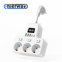 9 In 1 Multi Outlet Stekkerdoos met 3 AC stopcontacten, 3 USB A poorten en 2 Type C poorten, met Individuele Schakelaars, Digitaal Horloge, 4000 W MAX Wit/10 cm Snoer