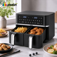 Plodon 9 L dubbele zone airfryer, 2600–3100 W, dubbele mand, gelijktijdig koken & synchroon gaar worden, 12 kookprogramma’s, onafhankelijke temperatuurregeling, smart touchscreen, voorverwarmen en warmhouden, vaatwasserbestendig, maximale krokantstand, AF