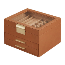 JOYFURNOS  Sieradendoos met Glazen Deksel, 3 Lagen Sieraden Organizer, 2 Lades, Sieradenopslag, 20 x 23 x 13,5 cm, Bruin, Goud