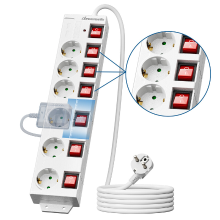 Dewenwils stekkerdoos met 6 stopcontacten en 2 USB poorten, individueel geschakeld, brede afstand en 90° stopcontacten, overbelastingsbeveiliging en kinderbeveiliging, 3680 W/16 A, 3 m kabel, wit