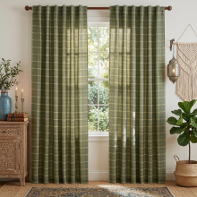 PONY DANCE Mosgroene geruite gordijnen 2 panelen voor slaapkamer / woonkamer, linnen ruit lichtdoorlatende raamdecoratie casual & soepele vitrage met roedezoom en lussen, W132 x L245 cm
