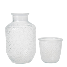 Glazen kan  en bekerset met begoniamotief: inclusief één glazen kan van 1000 ml en twee bekers van 270 ml; een set met bloemenmotief, ideaal voor het serveren van zomerse drankjes.