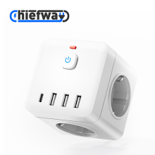 7 In 1 Kubus Stekkerdoos met Aan/uit schakelaar, Meerdere AC stopcontacten, USB A en Type C Oplaadpoorten, 4000 W MAX Wit