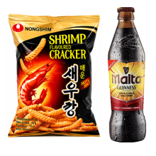 Nongshim Garnalencrackers (Pittig) 75 g & Malta Guinness Moutdrank   330 ml