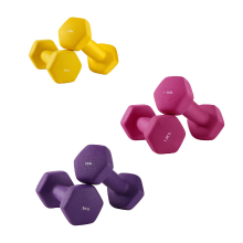 JOYFURNOSHexagonale dumbbell set met standaard – 3 paren (1 kg, 1,5 kg, 2 kg), matte neopreen afwerking, handgewichten voor thuisoefeningen – Geel, Roze en Paars