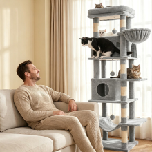 Halupeit Versterkte kattenboom | 8 natuurlijke sisalpalen, dubbele kattenhuisjes en hangmat, geschikt voor alle kattenrassen en meerkattenhuishouden