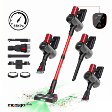 MONSGA M100 rode draadloze steelstofzuiger, 55000 Pa, 45 min, stofzuiger voor thuis, aanraakdisplay, groen licht onthult stof, anti klit zelfstaande steelstofzuiger, oplaadbare draadloze stofzuiger voor huisdierhaar/tapijt, 60 cm l x 35 cm b x 43 cm h, 1 