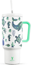 Meoky Roestvrijstalen Tumbler met Rietje, Deksel en Handvat 40 oz 1,18 L Vacuümgeïsoleerd Lekvrij Sea Life