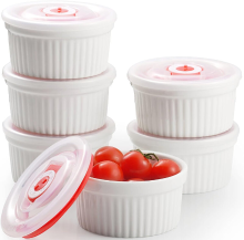 Dafuceramic ovenschaaltjes met deksels, 12 oz, wit, keramische crème brûlée schaaltjes, ovenbestendige puddingvormpjes, set van 6 porseleinen custardschaaltjes om te bakken, vaatwasser  en magnetronbestendig