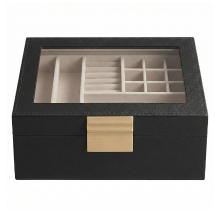 JOYFURNOS sieradendoos met glazen deksel, 2 laags sieradenorganizer met uitneembaar dienblad, sieradenopslag, moderne stijl, cadeau voor dierbaren, grafietzwart en metallic goud