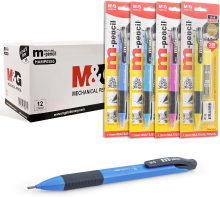 M&G Set van 12 mechanische potloden, 1,8 mm puntdikte, 2B grafiet, school  en leersupplies, grafietpotloden, schetspotloden, set van 12 navullingen, 12 gummen voor tekenen en schetsen