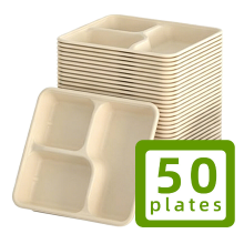 Compostabele papieren borden met 3 vakken, 50 stuks, duurzame trays van suikerrietvezel, 21,6 x 23,7 cm, oliebestendige wegwerp serveerschalen voor catering, buffet en take out maaltijden