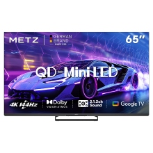 METZ 65 Inch (165 cm) QD Mini LED Google TV, 65MNE8000Z, 144Hz, 4K HDR 10+, 2.1.2 Kanaals Geluidssysteem, Dolby Vision Atmos, Game Mode, Sports Mode met ALLM, VRR, MEMC, Oogzorg, Laag Blauw Licht & Flikkervrij, Google Cast, Spraakbesturing