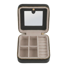 JOYFURNOS Sieradendoos, 11,4 x 11,4 x 5,5 cm Reissieradendoos met Binnenspiegel, PU leer Sieradenopberger voor Dames, Kleine Sieradenorganizer, Draagbaar, Cadeau idee, Inktzwart