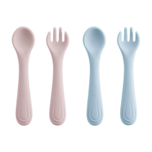 Bc Babycare siliconen vork en lepel, 2 delig, BPA vrij, roze + blauw