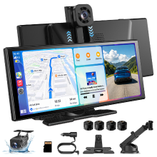 【Herfst Special】ESSGOO 11,3 inch draadloos CarPlay display met 4K 360° draaibare voorcamera, 1080P achteruitrijcamera, ondersteunt draadloos Apple CarPlay en Android Auto, HD touchscreen, Bluetooth, ondersteunt Mirror Link, GPS navigatie, spraakbediening.