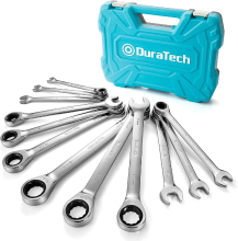 DURATECH 12 delig ratchet combinatiesleutelset 8 19 mm, vaste kop open uiteinde ratchet combinatiespannerset, metrisch, Cr V staal, georganiseerd in opbergdoos