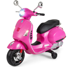 Costway 12 V gelicentieerde Vespa elektrische kinderscooter, 4 wielige motorscooter met muziek, claxon, verhalen en zijwieltjes, leeftijden 3 6, roze