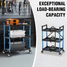 WORKPRO 3 laags opvouwbare serveerwagen met wielen | 96 kg draagvermogen, draagbare multifunctionele wagen, montage niet nodig, garage, magazijn, thuis, restaurant, kantoor, gereedschapswagen