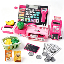 UINLE Baby Kinderen speelgoed kassa speelset, roze supermarkt kassaspeelset met echte rekenmachine, scanpistool, gesimuleerde weegschaal, creditcardlezer, speelgeld, munten, nepvoedsel, boodschappen en winkelmandje, educatief rollenspel kassaspeelgoed met geluids  e
