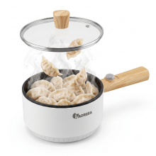 IAGREEA Elektrische Multikoker 1,2 L, 1000 W Snelle Opwarming Vloeistofkoker met Antiaanbak Marmercoating, Ergonomische Houten Handgreep & Glazen Deksel, Afneembare EU Stekker, Perfect voor Hotpot, Noedels en Roerbakken, Oververhittingsbeveiliging (Model: