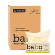 BABO Trekzakdoeken ongebleekte bamboevezel EU norm, 3 lagen 133×200 mm 100 vellen/zak, 30 zakken/doos, dubbele kwaliteitscertificatie, vrij van fluorescerende stoffen, natvast zonder losse vezels, gezinsvoorraad per doos