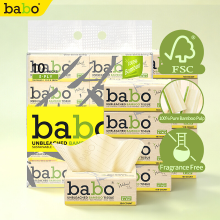 BABO Trekzakdoeken plastic zak ongebleekte bamboevezel EU norm, 3 lagen 133×200 mm 100 vellen/zak, 10 zakken/bundel, vrij van bleek en fluorescerend middel, natvast zonder vezelsverlies, dubbele kwaliteitscertificatie, geschikt voor baby's en gezin