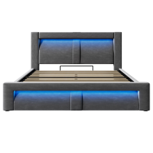 URBAN MEUBLE tweepersoonsbed 140 x 200 cm met opbergruimte, hydraulische heft, LED verlichting, USB  en Type C poorten, gebogen hoofdbord, fluwelen bekleding, grijs, zonder matras