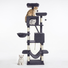 JOYFURNOS krabpaal, 206 cm grote kattentoren met 13 krabpalen, 1 krabhelling, 2 zitstokken, 2 huisjes, mand, hangmat, pompons, pluche kattenhuis met meerdere verdiepingen voor binnenkatten, rookgrijs