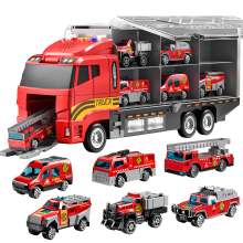 TEMI Brandweerwagen voertuigset met speelmat en die cast speelgoedauto, transportvrachtwagen voor kinderen 3 5, verjaardagscadeaus voor jongens van 3 8+ jaar