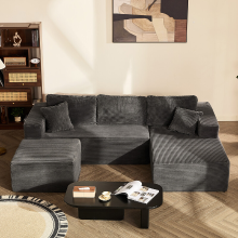 Joyic 272 cm U vormige zitbank zonder armleuning met ottomane, Corduroy, GrijsGeen montage vereist, Diep zitontwerp, Zachte corduroy bekleding, Flexibele modulaire indeling