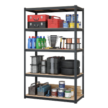 JOYFURNOS 5 laags schap, stevige stalen schappen met versterkte dwarsbalken en verstelbare hoogteniveaus, maximaal draagvermogen 750 kg, grote opslagvoetafdruk 200 x 120 x 60 cm, ideaal voor garage, schuur, magazijn, kelder, werkplaats, Zwart