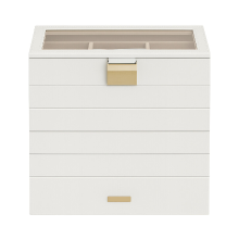 JOYFURNOS Stapelbare sieradentrays, 6 laags sieradendoos, grote sieradencase met helder glazen deksel, 17 x 28 x 25,3 cm, voor kaptafel, cadeau idee, wolkwit