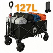 Ochama compact inklapbare campingwagen 127 L zwart, 200 kg draagvermogen, 250 L stapelcapaciteit, dubbele rem 360° wielen, ruimtebesparend opbergen, versterkte spuitlak stalen buizen, voor kamperen, picknicken, marktkraam, verhuizen