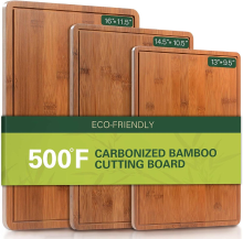 VVM Gecarboniseerde bamboe snijplanken voor de keuken, XL duurzame houten snijplank met sapgroeven en handgrepen, set van 3 stevige serveer  en borrelplanken voor maaltijdvoorbereiding en serveren