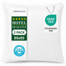 DOWNFOCUS klassiek design witte 100% verenkussens met 100% katoenen hoes, 1200 g verenvulling, standaard zachte kusseninleggers 65 x 65 cm, set van 2, OEKO TEX gecertificeerd, hypoallergeen, RDS gecertificeerd voor dierenwelzijn