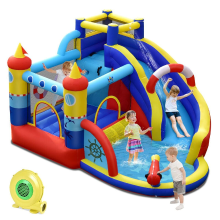 Costway opblaasbaar springkasteel met 550 W luchtblazer, 6 in 1 waterpark, inclusief glijbaan, zwembad en waterkanon