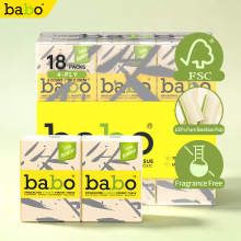 BABO, mini meeneem zakdoekjes bamboepulp EU norm, 4 lagen 200×200 mm, 8 vellen/zakje, 18 zakjes/pak, vrij van bleek en fluorescerend middel, natvast zonder vezelsverlies, voor woon werk en buiten