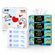 Verpakking voor frisheid na de maaltijd   C&S gezichtstissues in doos, 4 laags, 360 vellen (4 kubusdozen x 90), pure houtpulp, zacht & sterk *1 + C&S lotion zachte tissues, 3 laags, 400 vellen (4 pakken x 100), lotion glad, voor gevoelige neuzen, parfumvr