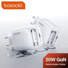 Toocki 2 in 1 intrekbaar 30W wandoplader, ultrasnel oplaadstation met USB C kabel en 1 USB poort, voor iPhone 17 Pro Max Air, MacBook Air, iPad Pro, Galaxy S25, Pixel10 Pro, laptops
