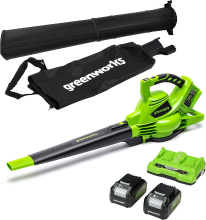 Greenworks 48 V (24 V x 2) accu bladblazer en bladzuiger met 45 l hakselopvangzak en schouderriem, 322 km/h, 9 m³/min, twee 24 V 4 Ah accu's en dubbele oplader, 3 jaar garantie GD24 x 2BVK4X