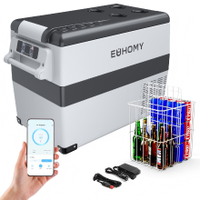 Euhomy 40 l compressor koelbox [ 20 °C~20 °C] | snelle koeling in 15 min | app bediening | eco modus (<45 W) en max modus | 12/24 V gelijkstroom + 100 240 V wisselstroom | 3 traps accubescherming (L/M/H) | draagbaar en stil (<42 dB) [energieklasse C]