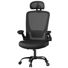 JOYFURNOS Ergonomische mesh draaistoel in Inktzwart – 62 x 62,4 x (120,4 127,4) cm, lumbale en hoofdsteun, brede zitting, opklapbare armleuningen, kantelfunctie – comfortabel voor kantoor of slaapkamer