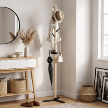 Kapanou vrijstaande houten kapstok voor hal, rustieke kapstokstandaard met opbergplateau, 7 haken voor hoed, handtas, jas, paraplu en accessoires, houtbruin/zwart