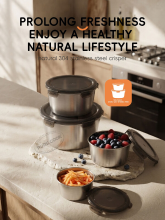 PURE COOK 304 roestvrijstalen vershouddozen | Set van 4 ronde bakjes, transparant PP deksel met clips, zwart