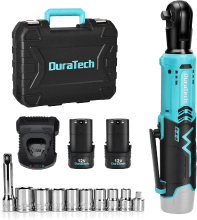 DURATECH Elektrische Ratelsleutelset, Accuratelsleutel 12 V, 3/8 Inch, 65 Nm, Draadloze Ratelschroevendraaier met 2 x 2,0 Ah Accu's, LED licht, Inclusief 10 Dopsleutels, Opbergdoos, Oplader