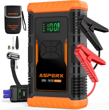 ASPERX jumpstarter powerbank met compressor, 150 PSI, 3000 A autojumpstarter powerbank met LED zaklamp en startkabels, voor 12V motoren en SUV's (tot 10 l benzine of 8 l diesel)